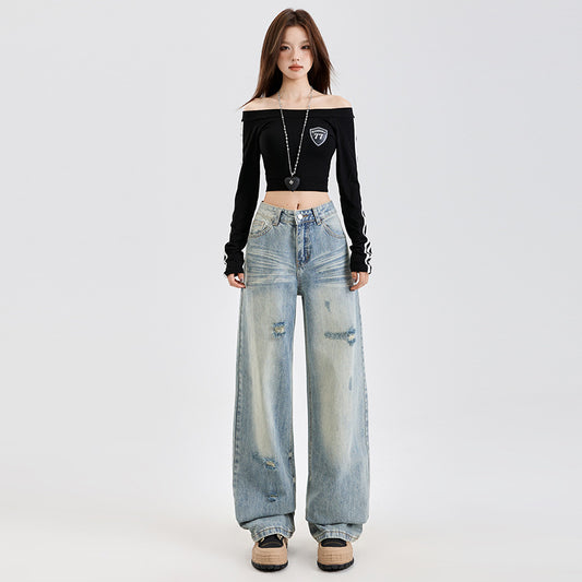 Denim Pants Washed Distressed Floor-Length Wide Straight Leg Pants for Women
