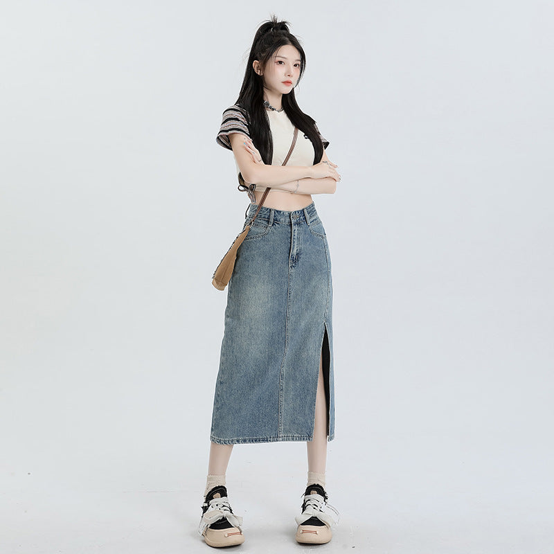 Women's High Waist Slit Denim A-Line Midi Skirt with Loose Fit for Summer