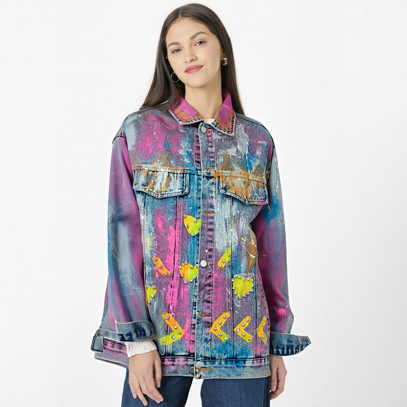 Women's Colorful Heart-Shaped Graffiti Denim Coat with Diamond Details