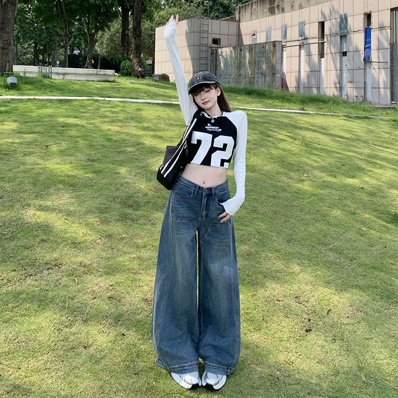 High-Waist Loose Fit Slimming Versatile Washed Floor-Length Wide-Leg Jeans for Women