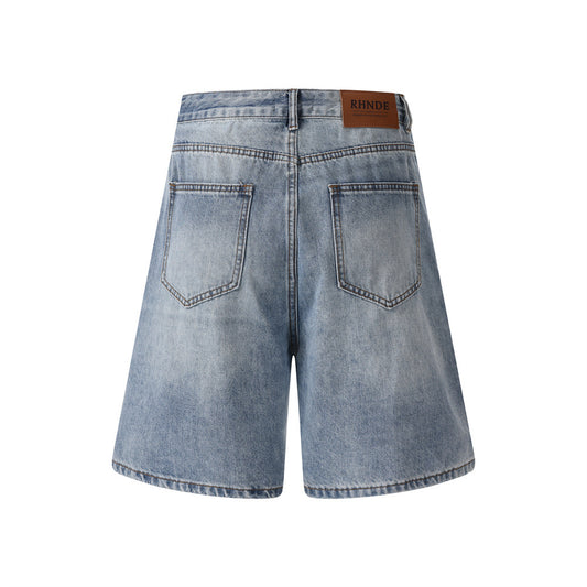 Men's Distressed Denim Shorts — Loose Fit Mid Waist Zipper Fly (Ripped Blue)