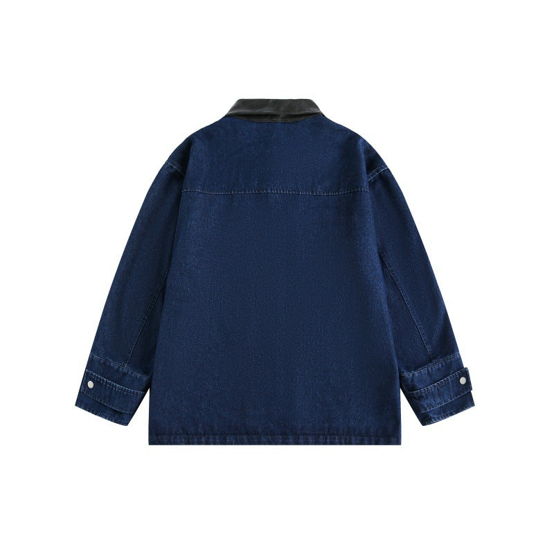 Mid-Length Color Block Denim Jacket with Pockets