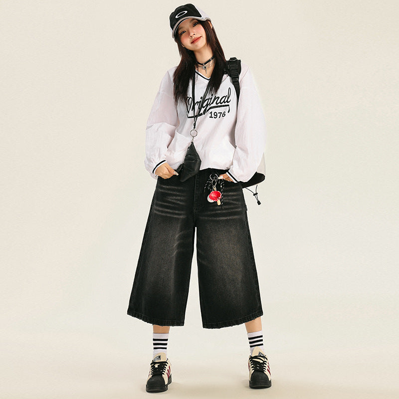 Orange Silk Women's Seven-Quarter Denim Pants - High-Waist Loose High-Street Straight Leg Trousers