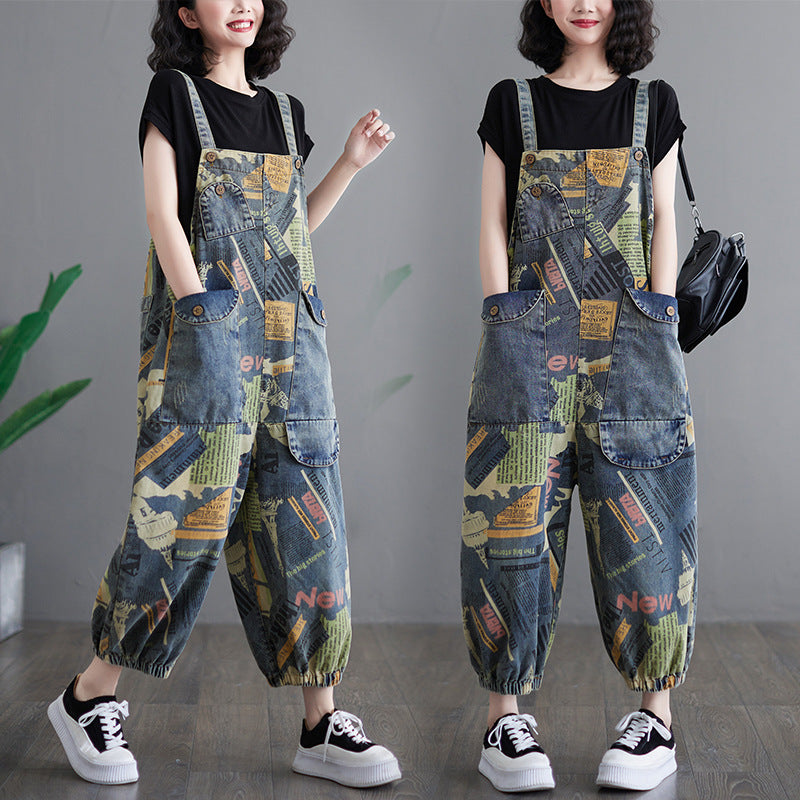 Fashionable Artistic Retro Printed Denim Overalls for Women with Ankle Binding