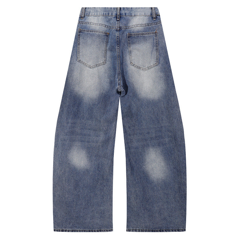 Men's Distressed Loose Straight Leg Trousers - High Waist Wide Leg Denim Pants