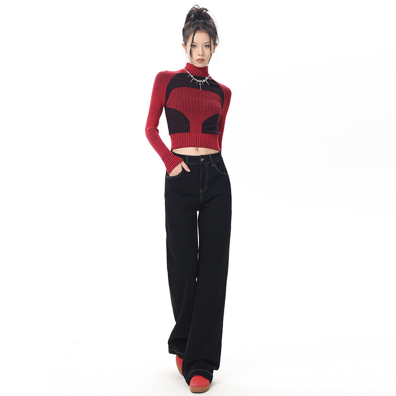 Women's Black Retro Wide Leg Jeans -  Loose Floor-Length Pants