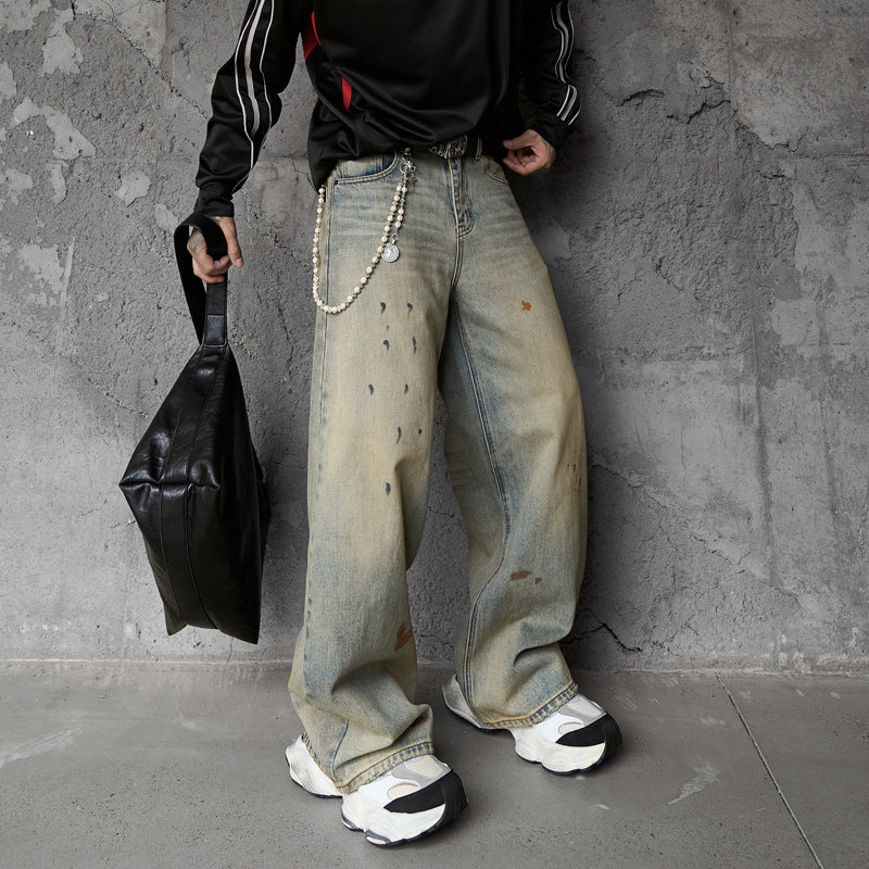 Design Spray Painted Knife Pants for Men - Loose Fit Distressed Denim Jeans