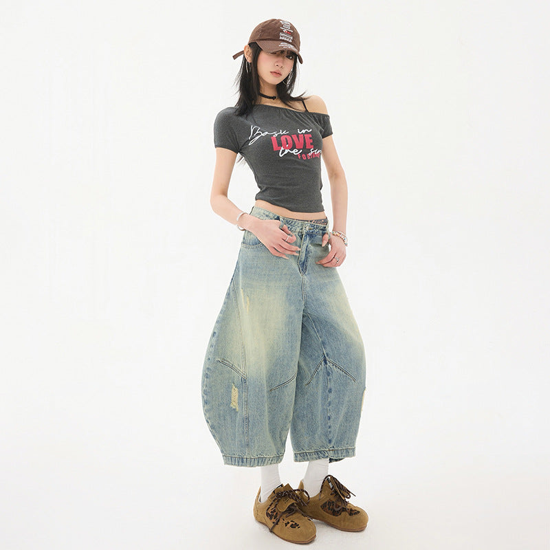 Women's Washed Baggy Hole Slant Leg Wide-Leg Three-Quarter Denim Pants for Couples