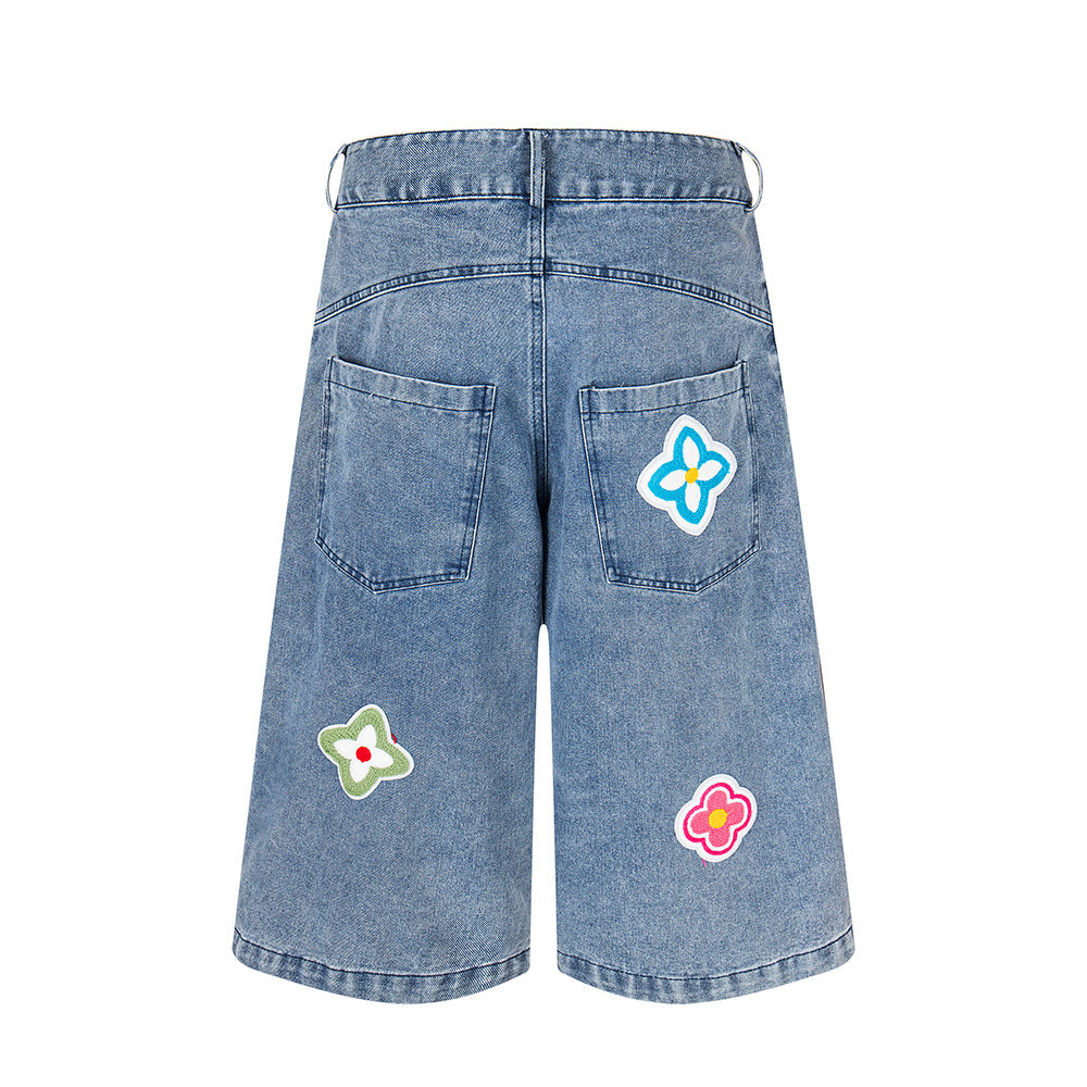 Petal Patch Fabric Denim Shorts