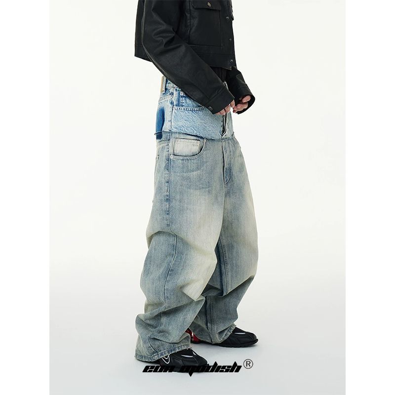 Unique Design Patchwork Denim Long Pants for Street Style