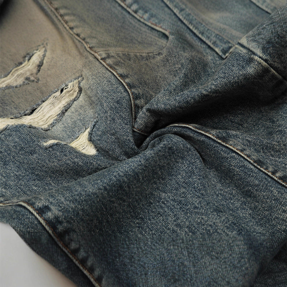 Men's Denim Jeans, Post-Apocalyptic Style Distressed Ripped Dagger Cut-Offs, Loose Fit Men's Pants