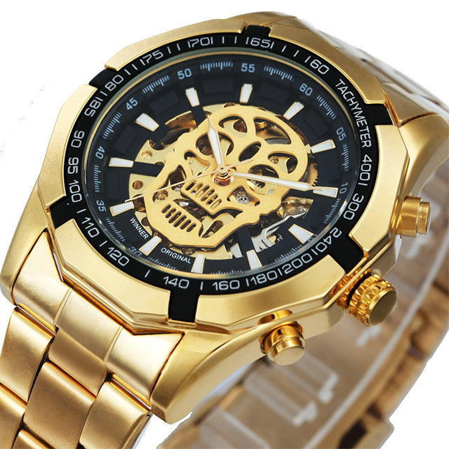 Mechanical Watch for Men - Skull Design with Golden Stainless Steel Strap - Skeleton Watch