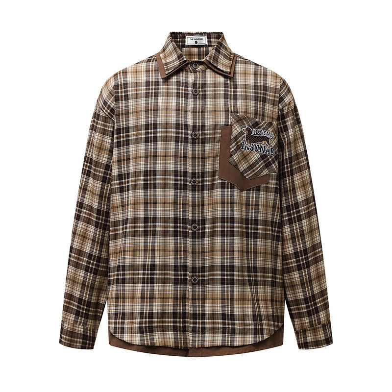 Brown Plaid Shirt Loose Casual Blouse Jacket Long Sleeve Top
