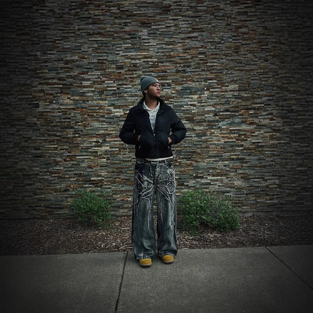 Denim Pants with Dark Line Design -  Wide Leg Trousers