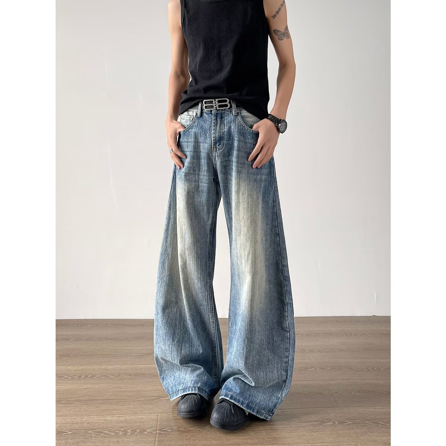 Bamboo Patterned Curved Knife Jeans - Loose Retro Washed Silhouette