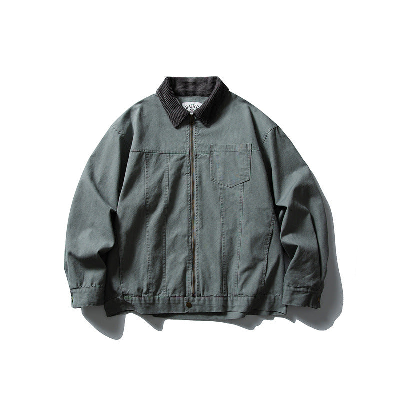 Retro Washed Color-Blocked Turn-Down Collar Work Jacket Men