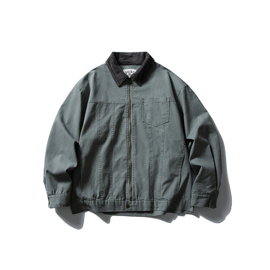 Retro Washed Color-Blocked Turn-Down Collar Work Jacket Men