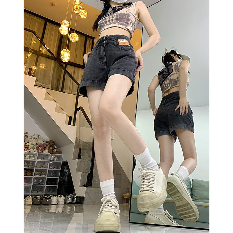 Casual Cuffed Wide Leg Denim Shorts for Women