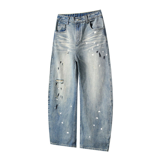 Slashed Denim Pants Water Washed Loose Straight Wide Leg Denim Trousers for Men