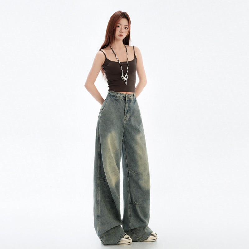Blue Wide Leg Jeans with Deconstructed Design - Women's Straight Leg Denim Pants