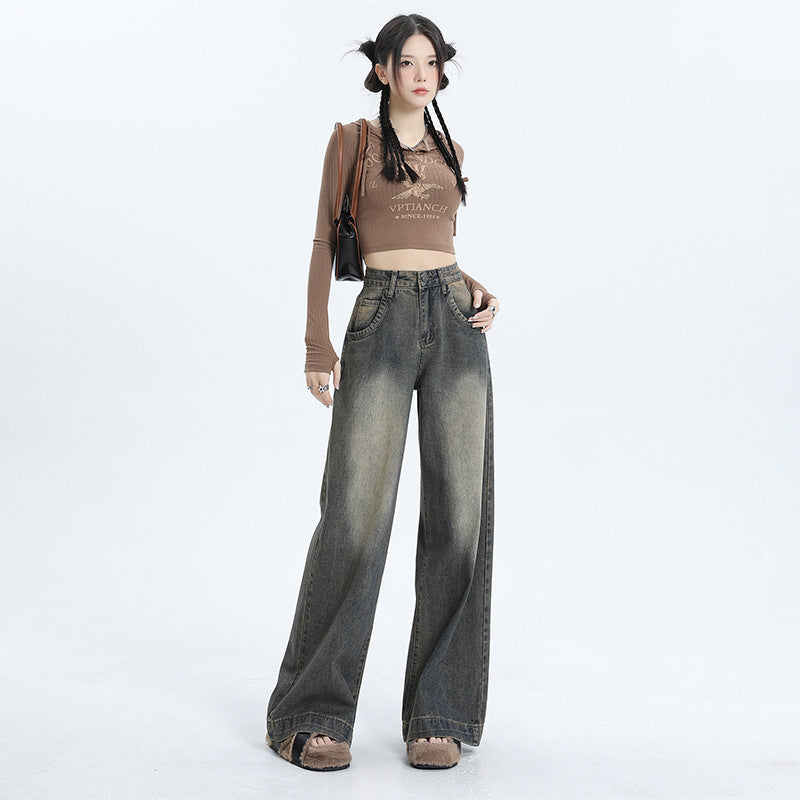 Women's Wide-Leg High-Waisted Distressed Jeans - Vintage Blue