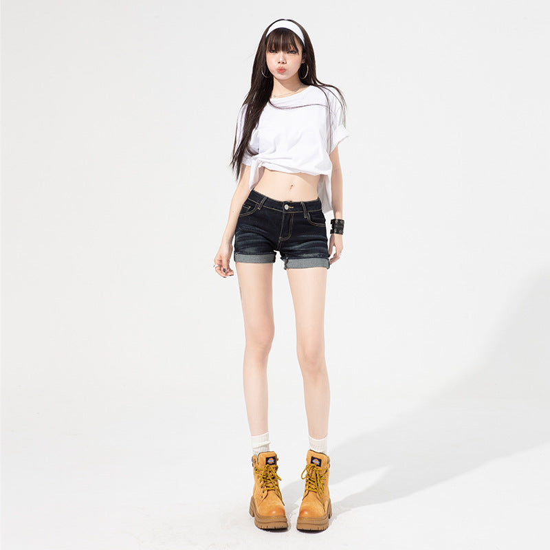 Cuffed Denim Shorts for Women with Low Waist and Elastic Hem