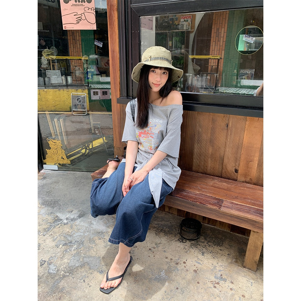 Summer Split Design High-Waist Denim Shorts for Women - Loose Retro Wide-Leg Pants