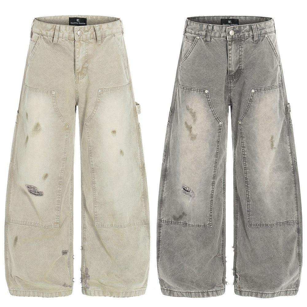 Men's Denim Pants - Distressed Design Loose Wide-Leg