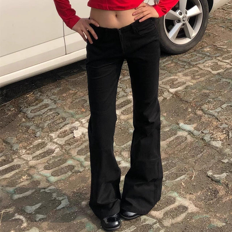 Solid Color Horn Low Waist Zipper Denim Pants