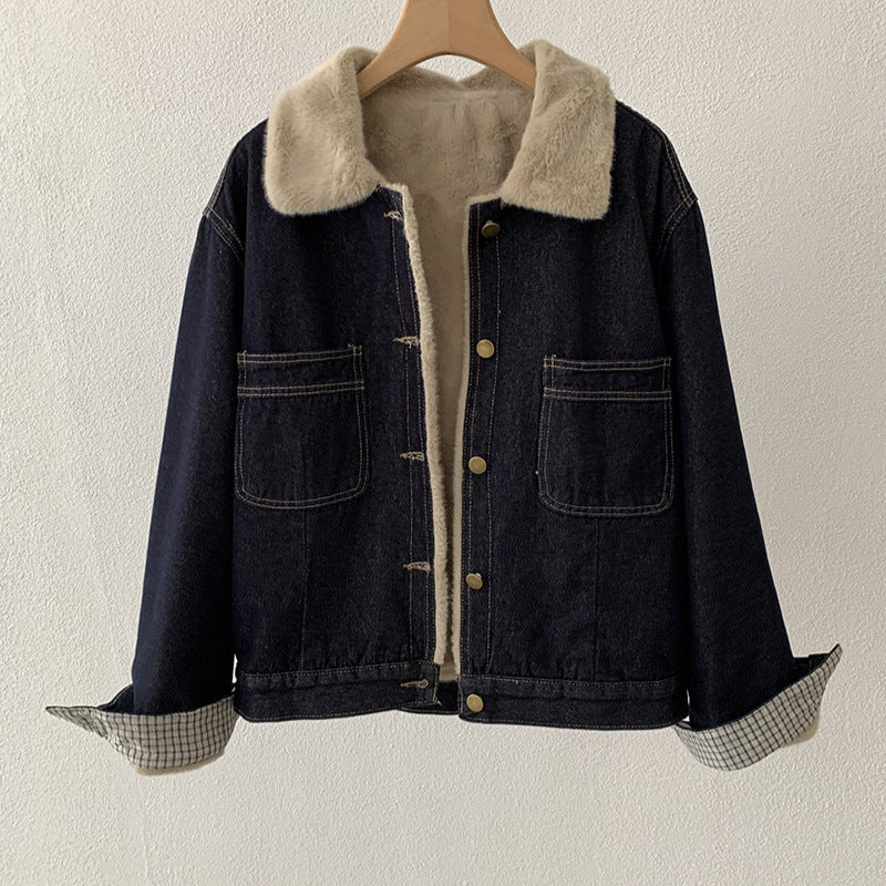 Retro Fleece-Lined Turn-Down Collar Long Sleeve Denim Jacket Top