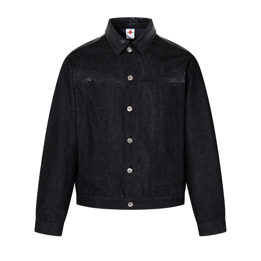 Black Color Block Denim Jacket — Loose Mid-Long Cotton Street Style
