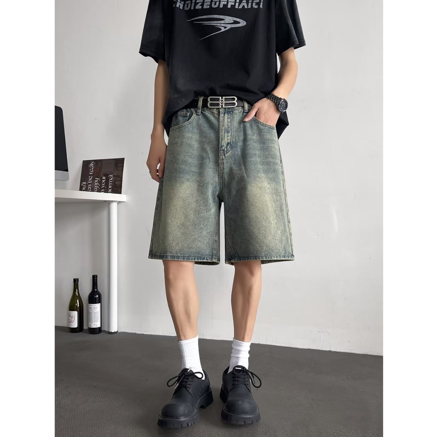 Washed Denim Loose Casual Straight Leg Cropped Pants