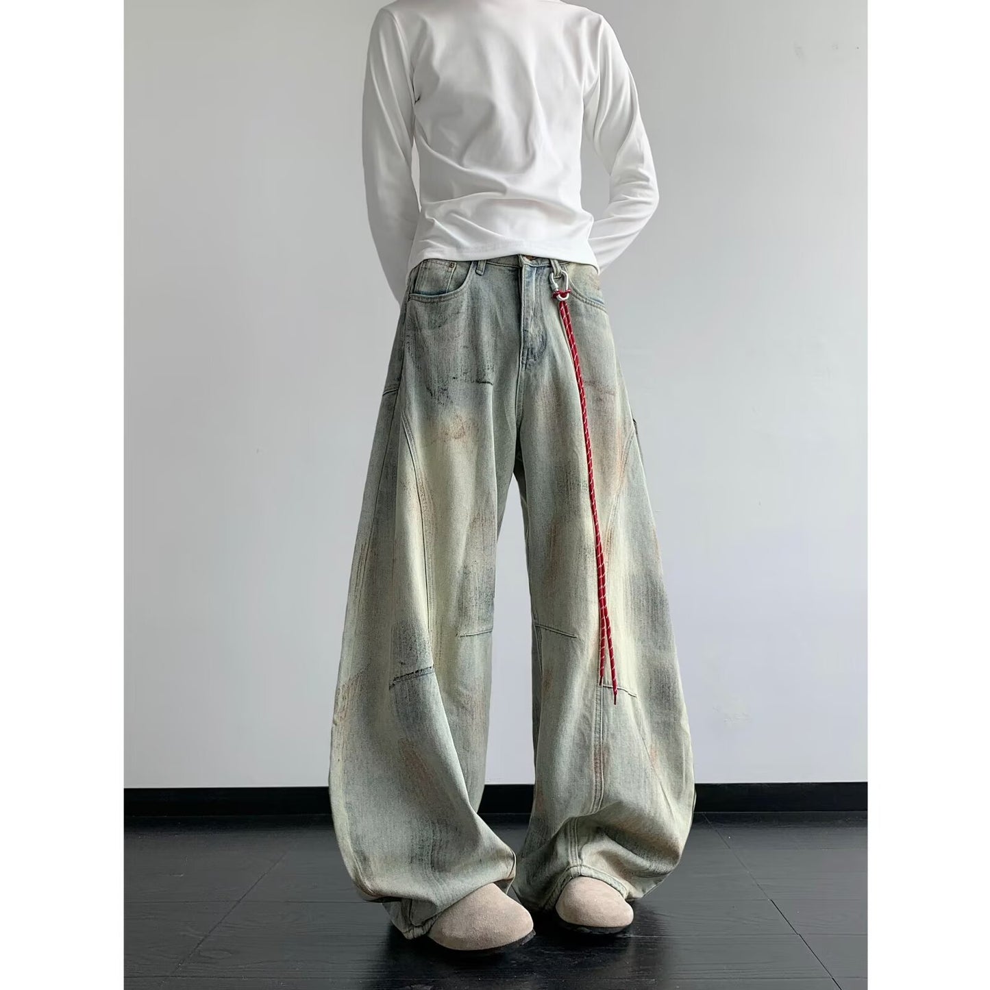 Old Deconstruction Curved Knife Denim Loose Wide Leg Pants