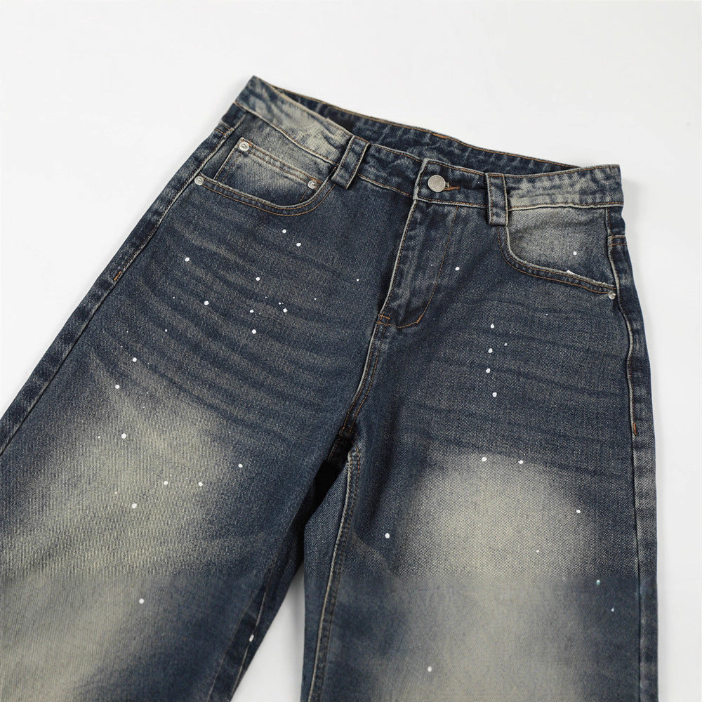 Men's Denim Pants, Distressed Dyeing Dirty Wash Wide Leg