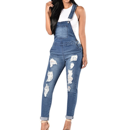 Women's Cool Denim Jumpsuit with Ripped Holes
