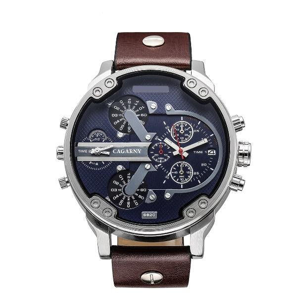 Men's Quartz Watch Date Dual Time Analog Leather Strap