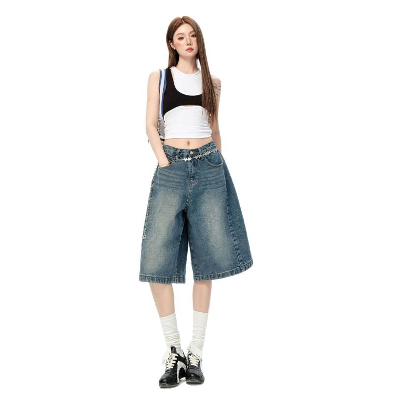 Women's Loose Casual Denim Trousers - Water-Washed Wide-Leg Pants