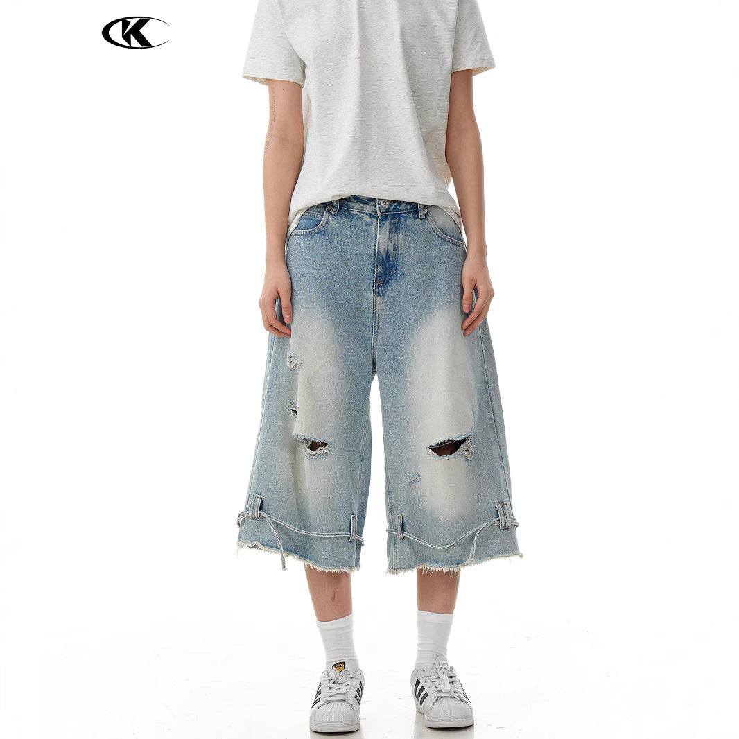 Washed Distressed Denim Shorts with Loose Wide Legs and Drawstring