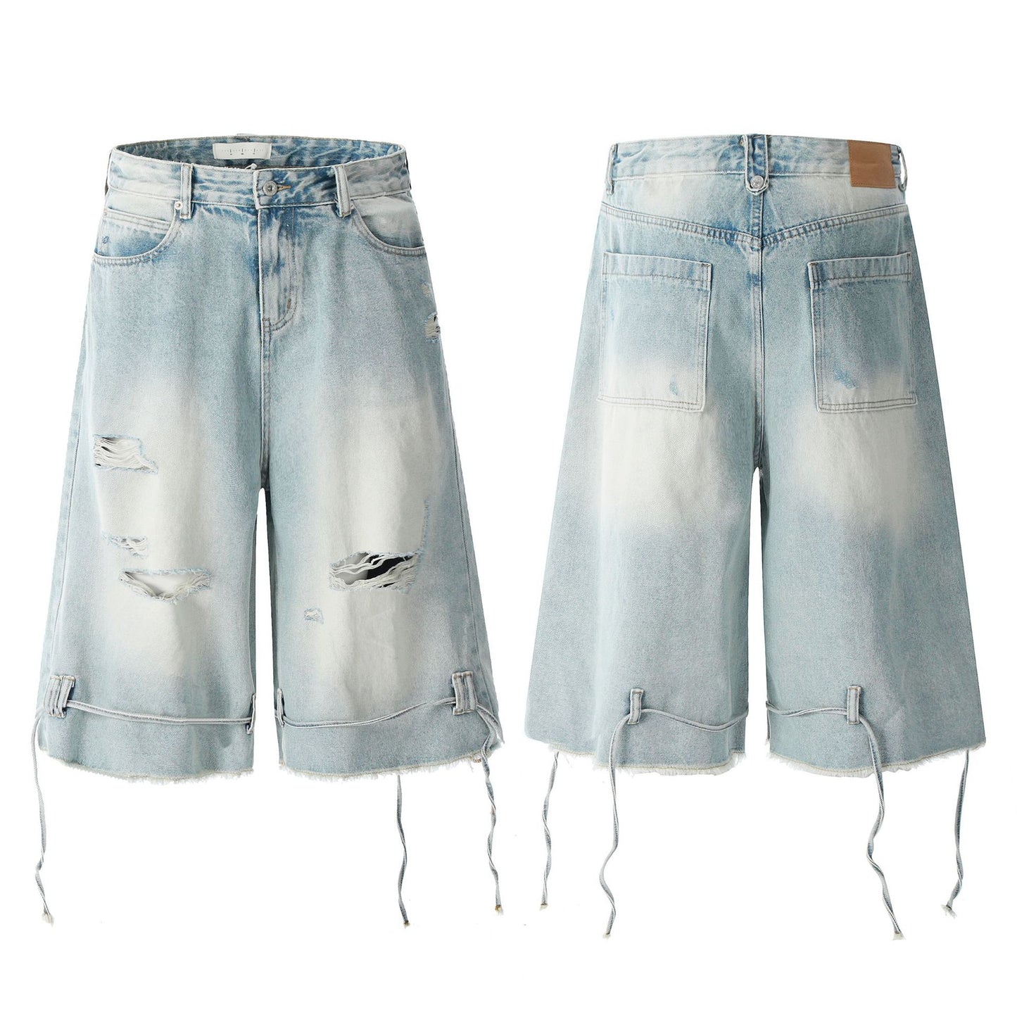 Washed Distressed Denim Shorts with Loose Wide Legs and Drawstring