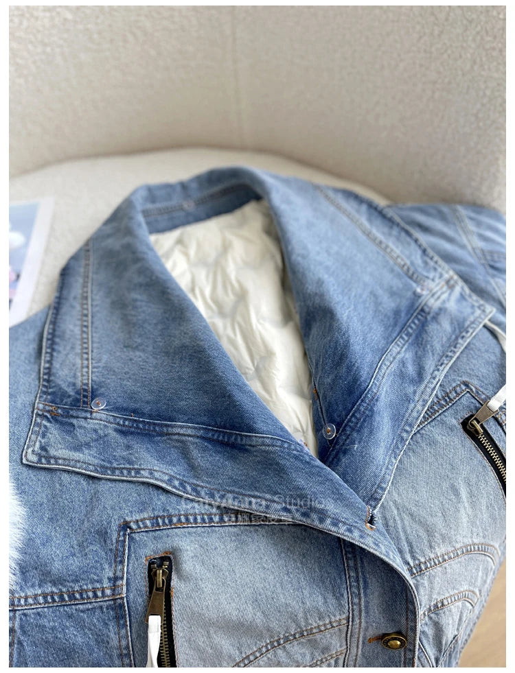 Women's Casual Denim Jacket with Fox Fur Collar