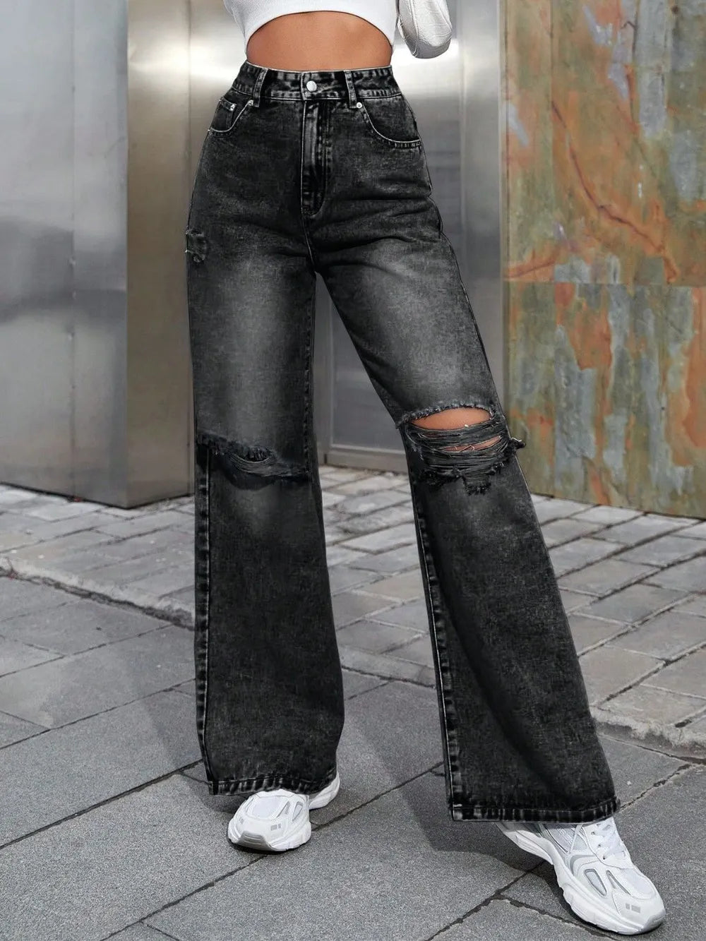 Distressed Wide Leg Jeans with Pockets in Premium Japanese Denim