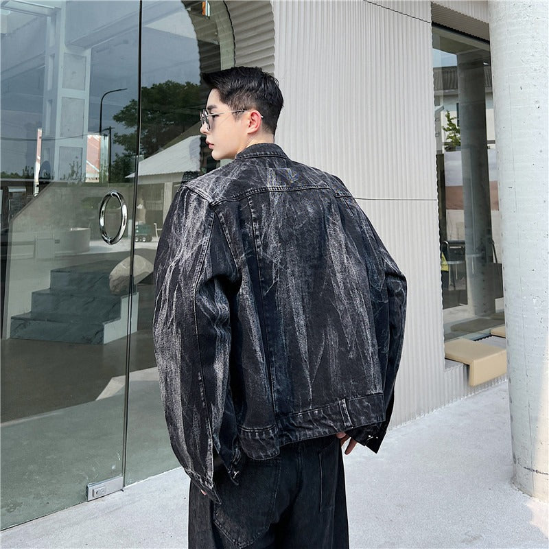 Washed Black and Gray Denim Jacket with Retro Pocket Design