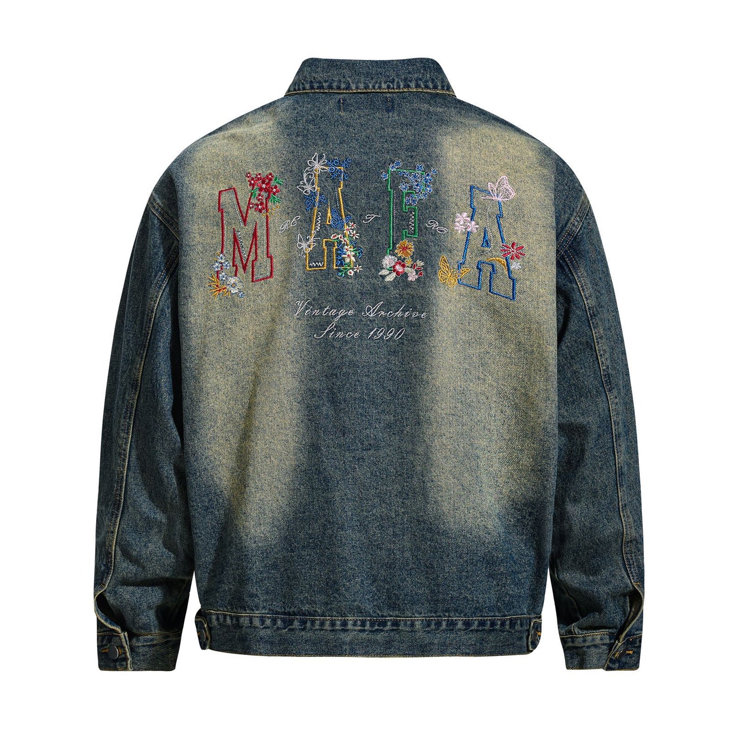 Style Washed Denim Jacket with Colorful Letter Embroidery