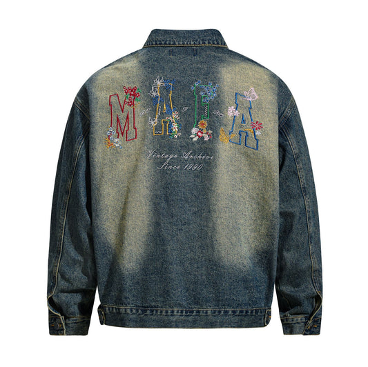 Style Washed Denim Jacket with Colorful Letter Embroidery