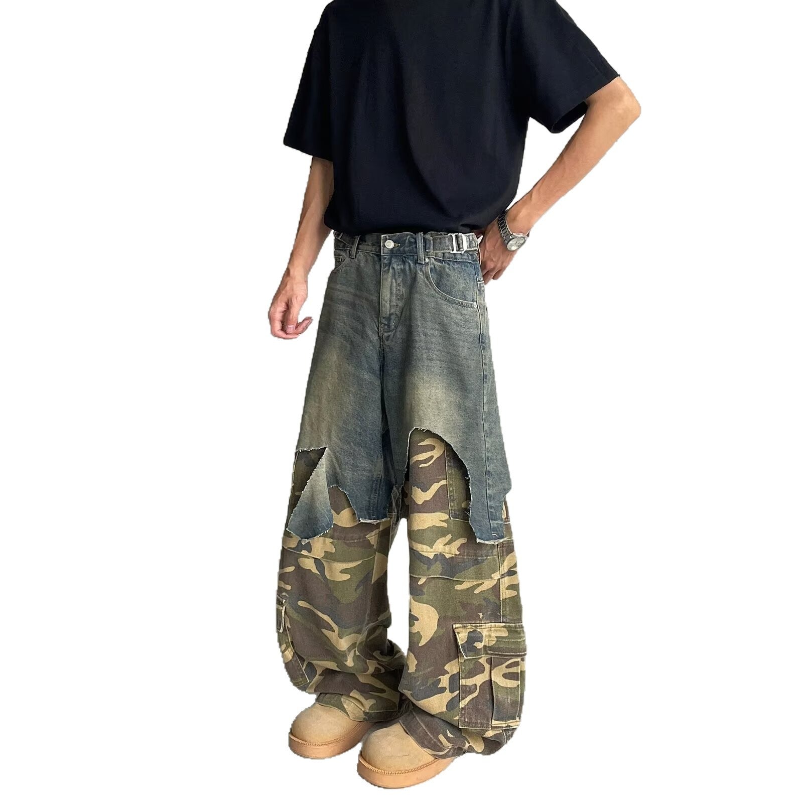 Splicing Fake Two Camouflage Workwear Color Blocked Jeans