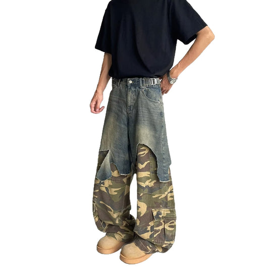 Splicing Fake Two Camouflage Workwear Color Blocked Jeans
