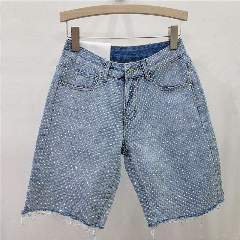 Style Fully Rhinestone Frayed Denim Shorts for Women - High Waist Straight Leg Pants