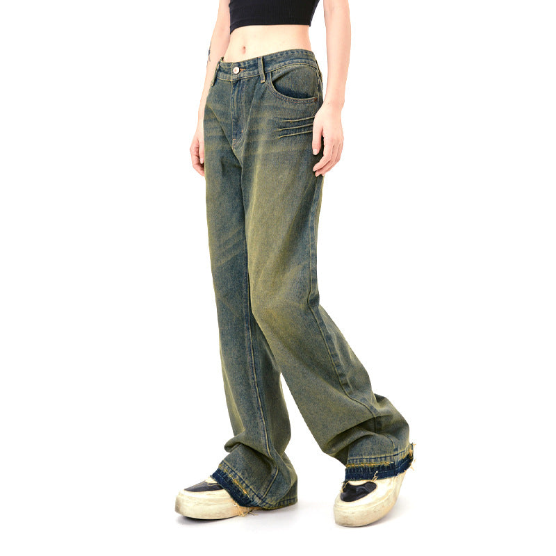 Washed Distressed Wide-Leg Long Jeans with Cuffed Hem