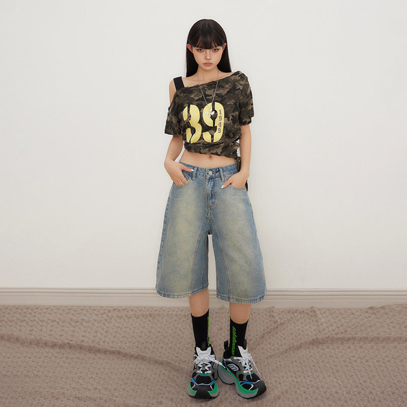 Women's Loose Wide-Leg Denim Shorts with Gradient Finish