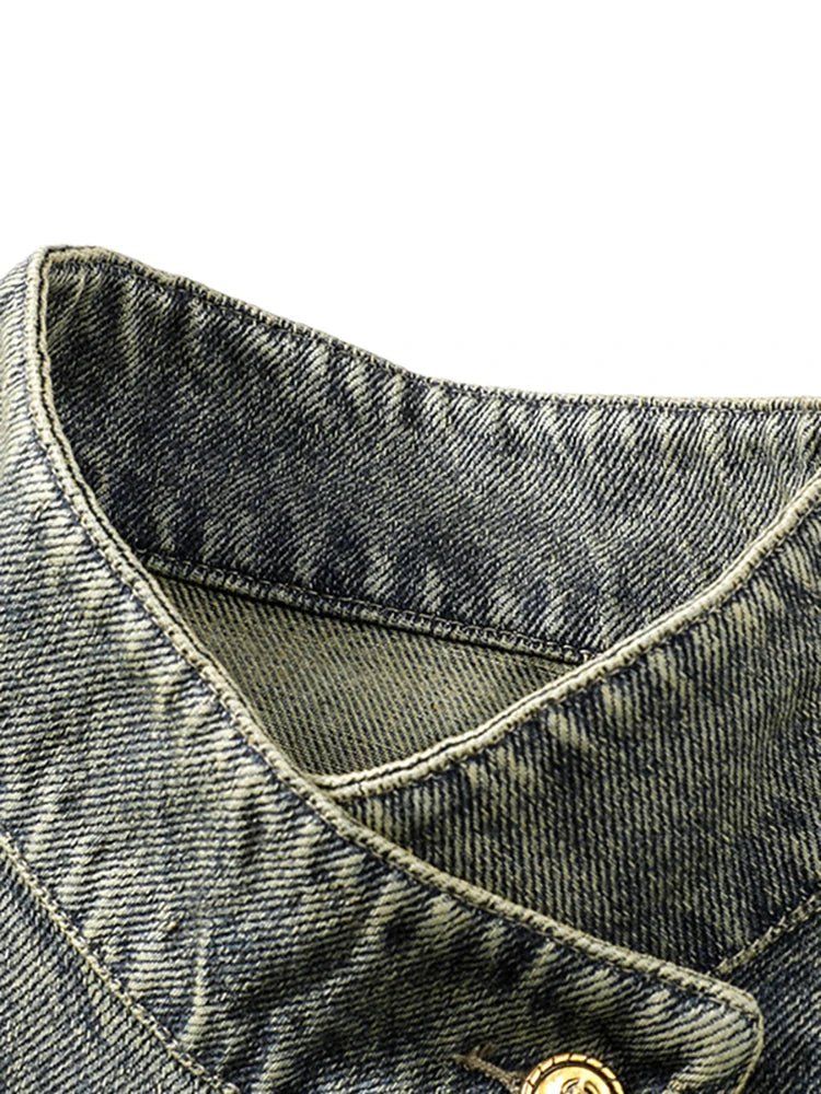 Asymmetric Denim Biker Jacket for Women with Patchwork and PU Leather